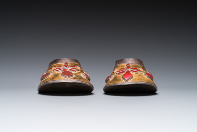 A pair of carnelian-mounted gilt silver slippers, Uzbekistan, 19th C.