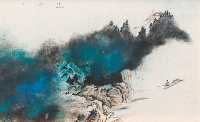 Navolger van Zhang Daqian 張大千 (1898-1983): 'Landschap', inkt en kleur op papier