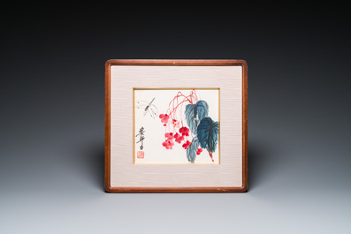 Lou Shibai 婁師白 (1918-2010): 'Libelle bij bloemen' en Qi Gong 啟功 (1912-2005): 'Kalligrafie', inkt en kleur op papier