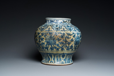 A Chinese blue and white 'guan' jar with lotus scrolls, Ming