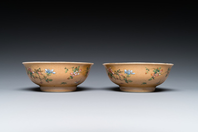 A pair of Chinese caf&eacute;-au-lait-ground famille rose 'grasshopper' bowls, Daoguang mark and of the period