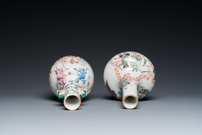 Un vase en porcelaine de Chine famille rose &agrave; d&eacute;cor des '18 Luohan' et un vase famille verte, marque de Kangxi, 19&egrave;me