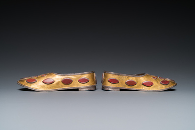 A pair of carnelian-mounted gilt silver slippers, Uzbekistan, 19th C.