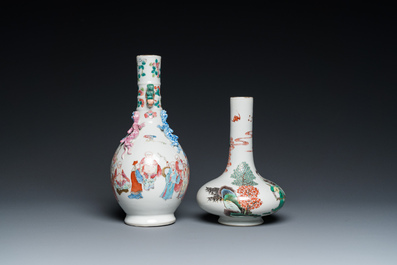 A Chinese famille rose '18 Luohan' bottle vase and a famille verte vase, Kangxi mark, 19th C.