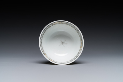 A Chinese grisaille cup and saucer with Lan Caihe, Yongzheng