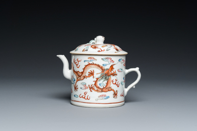 A Chinese famille rose teapot and cover with dragons among clouds, Qingwan 清玩 mark, 19th C.