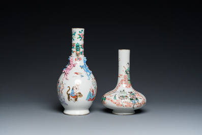 A Chinese famille rose '18 Luohan' bottle vase and a famille verte vase, Kangxi mark, 19th C.