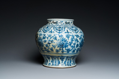 A Chinese blue and white 'guan' jar with lotus scrolls, Ming