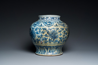 A Chinese blue and white 'guan' jar with lotus scrolls, Ming