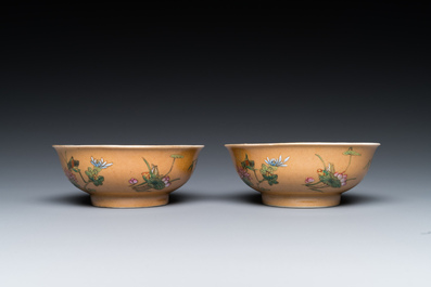 A pair of Chinese caf&eacute;-au-lait-ground famille rose 'grasshopper' bowls, Daoguang mark and of the period