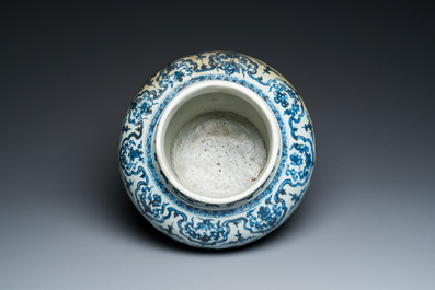 A Chinese blue and white 'guan' jar with lotus scrolls, Ming