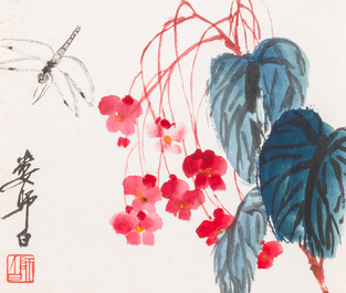 Lou Shibai 婁師白 (1918-2010): 'Libelle bij bloemen' en Qi Gong 啟功 (1912-2005): 'Kalligrafie', inkt en kleur op papier