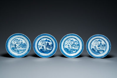 A Chinese blue and white dish and ten plates, 19th C.