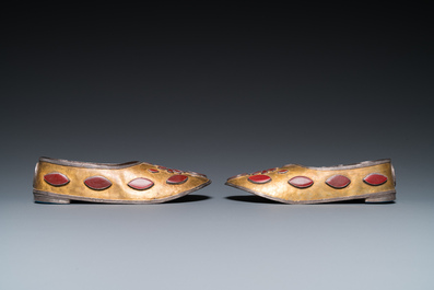 A pair of carnelian-mounted gilt silver slippers, Uzbekistan, 19th C.