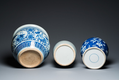 A Chinese blue and white 'landscape' vase, a covered vase and a jardini&egrave;re, 19th C.