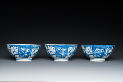 Three Chinese blue and white bowls with figurative design, Xuande mark, 19th C.