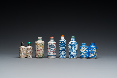 Six Chinese snuff bottles with dragons and Buddhist lions, 19/20th C.