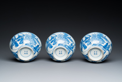 Three Chinese blue and white bowls with figurative design, Xuande mark, 19th C.