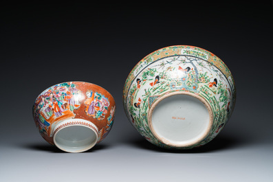 Two Chinese Canton famille rose bowls, a vase and a gilt-lacquered box, Qianlong and later