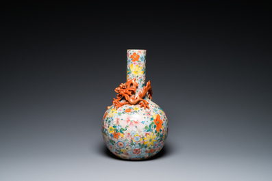 A Chinese famille rose 'millefleurs' bottle vase, Qianlong mark, Republic