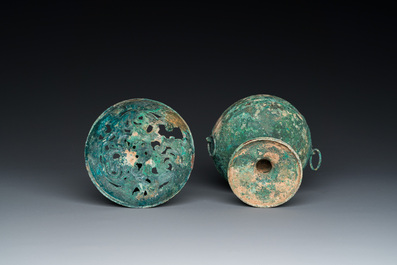 A Chinese bronze 'xianglu' censer with reticulated cover, Western Han