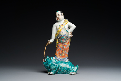 A Chinese famille rose 'Liu Hai on the toad' sculpture, signed Huang Yuanxiang 黃源項, 19th C.