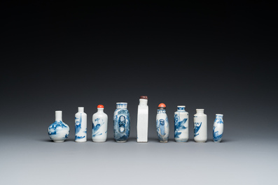 Nine Chinese blue and white snuff bottles, 19/20th C.