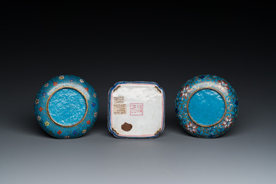 Two Chinese cloisonn&eacute; saucers, three Canton enamel covered boxes and a saucer, 18/19th C.