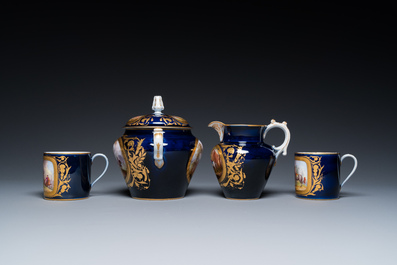 A French blue-ground S&egrave;vres-style 6-piece tea service, 19th C.