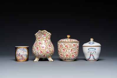 A Meissen porcelain covered bowl and two saucers, a S&egrave;vres-style milk jug, a covered bowl and a cup, Germany and France, 19/20th C.