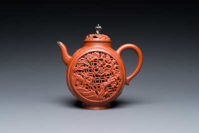 A Chinese reticulated double-walled Yixing stoneware teapot and cover with silver mounts, Kangxi