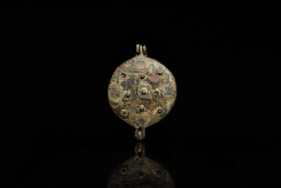 A rare small bronze hanging mirror box, Flanders or The Netherlands, 14/15th C.