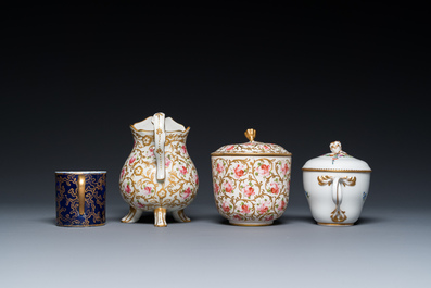 A Meissen porcelain covered bowl and two saucers, a S&egrave;vres-style milk jug, a covered bowl and a cup, Germany and France, 19/20th C.