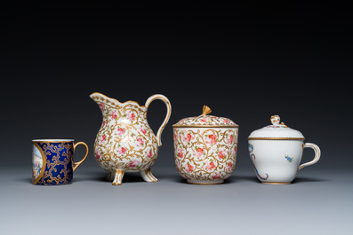 A Meissen porcelain covered bowl and two saucers, a S&egrave;vres-style milk jug, a covered bowl and a cup, Germany and France, 19/20th C.