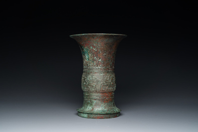 A Chinese inscribed archaic bronze ritual 'zun' wine vessel, probably Western Zhou