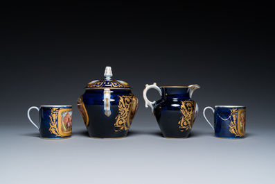 A French blue-ground S&egrave;vres-style 6-piece tea service, 19th C.