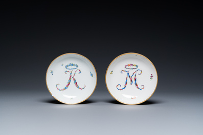 A Meissen porcelain covered bowl and two saucers, a S&egrave;vres-style milk jug, a covered bowl and a cup, Germany and France, 19/20th C.