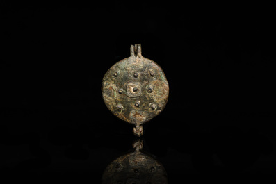 A rare small bronze hanging mirror box, Flanders or The Netherlands, 14/15th C.