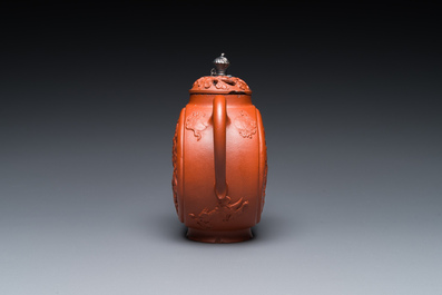 A Chinese reticulated double-walled Yixing stoneware teapot and cover with silver mounts, Kangxi