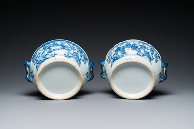 A pair of Chinese blue and white covered tureens with ladies in a garden, Qianlong