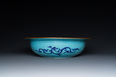 A Chinese Canton enamel turquoise-ground basin and a blue-ground dish, 18/19th C.