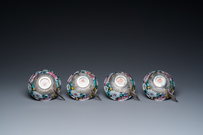 A Chinese eight-piece silver-mounted famille rose millefleurs tea service, Qianlong mark, 20th C.