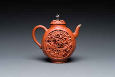 A Chinese reticulated double-walled Yixing stoneware teapot and cover with silver mounts, Kangxi