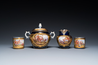 A French blue-ground S&egrave;vres-style 6-piece tea service, 19th C.