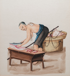 Canton school, China: Een slotenmaker en een slager aan het werk, inkt en kleur op papier, 19e eeuw