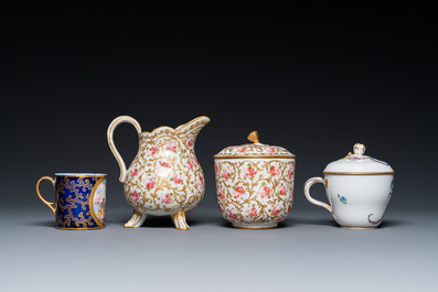 A Meissen porcelain covered bowl and two saucers, a S&egrave;vres-style milk jug, a covered bowl and a cup, Germany and France, 19/20th C.