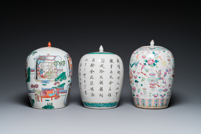 Three Chinese famille rose and verte jars with covers, 19/20th C.