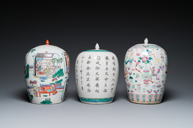 Trois pots couverts en porcelaine de Chine famille rose et verte, 19/20&egrave;me