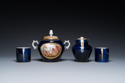 A French blue-ground S&egrave;vres-style 6-piece tea service, 19th C.