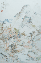 A Chinese rectangular qianjiang cai 'mountainous landscape' plaque in the style of Cheng Men, 19th C.